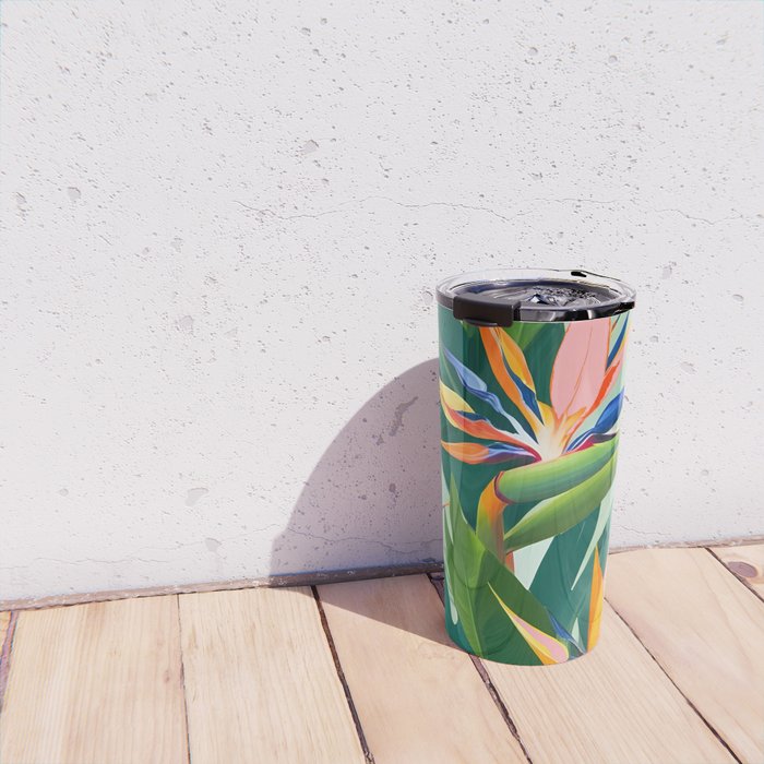 Birds in Paradise, Floral Birds of Paradise Botanical Jungle, Tropical Nature Plants Floral, Lush Green Orange Pink Exotic Forest, Garden Flowers Bohemian Painting Travel Mug Gallery Image 4