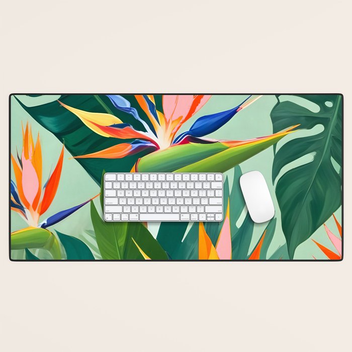 Birds in Paradise, Floral Birds of Paradise Botanical Jungle, Tropical Nature Plants Floral, Lush Green Orange Pink Exotic Forest, Garden Flowers Bohemian Painting Desk Mat Gallery Image 1