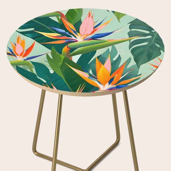 Birds in Paradise, Floral Birds of Paradise Botanical Jungle, Tropical Nature Plants Floral, Lush Green Orange Pink Exotic Forest, Garden Flowers Bohemian Painting Side Table Gallery Image 2