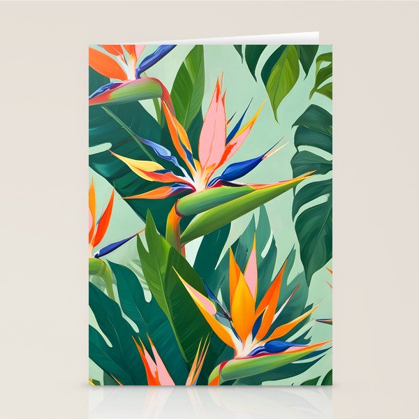 Birds in Paradise, Floral Birds of Paradise Botanical Jungle, Tropical Nature Plants Floral, Lush Green Orange Pink Exotic Forest, Garden Flowers Bohemian Painting Stationery Card Gallery Image 1