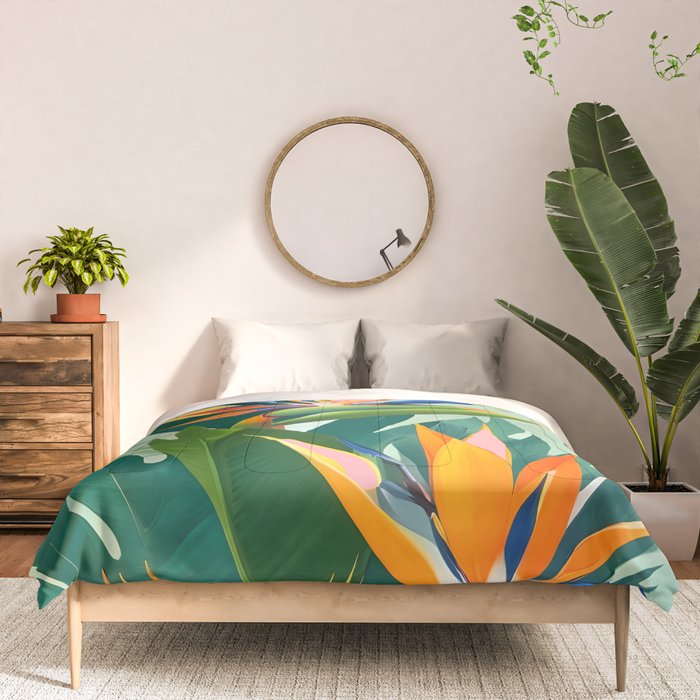 Birds in Paradise, Floral Birds of Paradise Botanical Jungle, Tropical Nature Plants Floral, Lush Green Orange Pink Exotic Forest, Garden Flowers Bohemian Painting Comforter Gallery Image 3