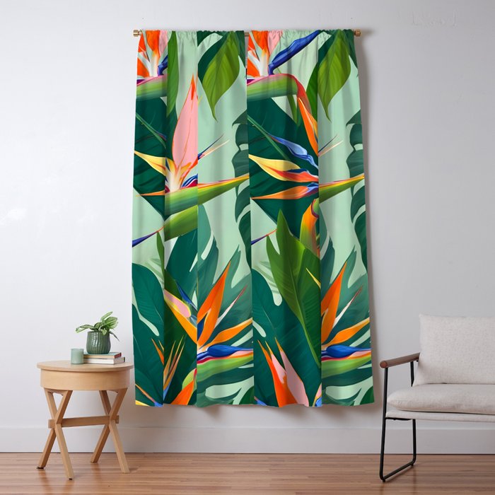 Birds in Paradise, Floral Birds of Paradise Botanical Jungle, Tropical Nature Plants Floral, Lush Green Orange Pink Exotic Forest, Garden Flowers Bohemian Painting Window Curtain Gallery Image 5