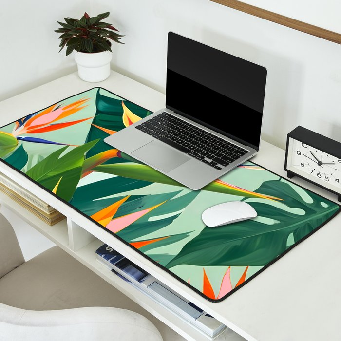 Birds in Paradise, Floral Birds of Paradise Botanical Jungle, Tropical Nature Plants Floral, Lush Green Orange Pink Exotic Forest, Garden Flowers Bohemian Painting Desk Mat Gallery Image 2
