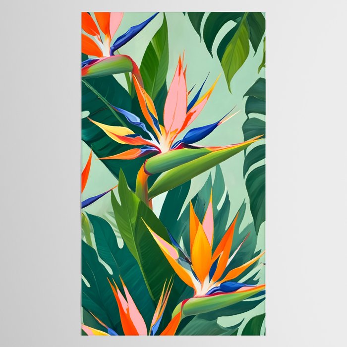 Birds in Paradise, Floral Birds of Paradise Botanical Jungle, Tropical Nature Plants Floral, Lush Green Orange Pink Exotic Forest, Garden Flowers Bohemian Painting Tablecloth Gallery Image 2