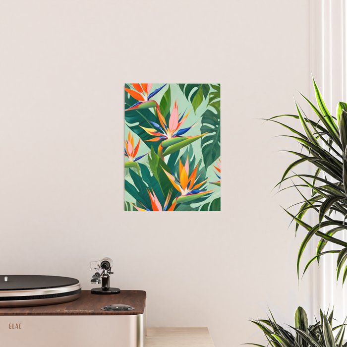 Birds in Paradise, Floral Birds of Paradise Botanical Jungle, Tropical Nature Plants Floral, Lush Green Orange Pink Exotic Forest, Garden Flowers Bohemian Painting Poster Gallery Image 2