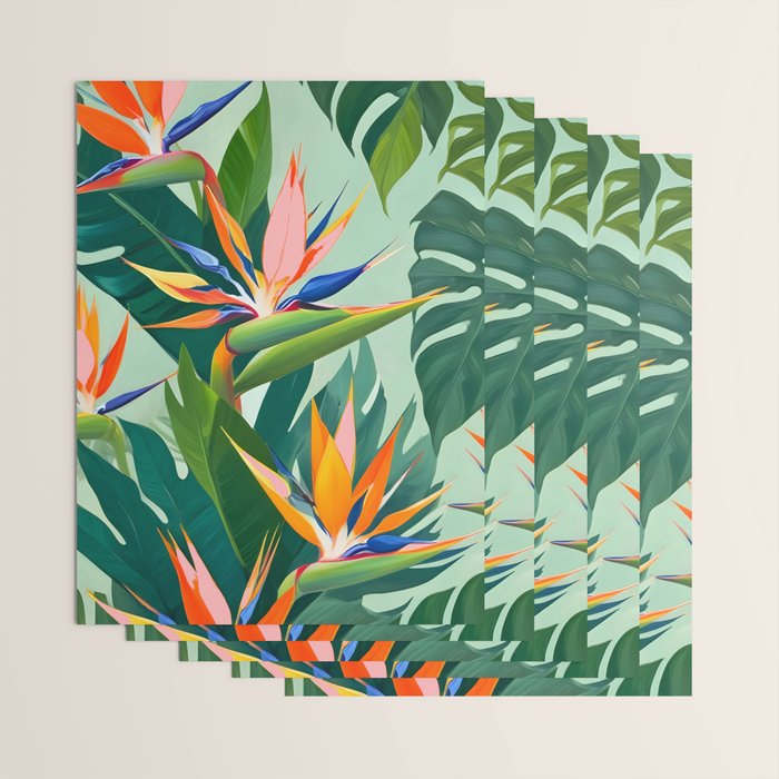 Birds in Paradise, Floral Birds of Paradise Botanical Jungle, Tropical Nature Plants Floral, Lush Green Orange Pink Exotic Forest, Garden Flowers Bohemian Painting Wrapping Paper Gallery Image 3