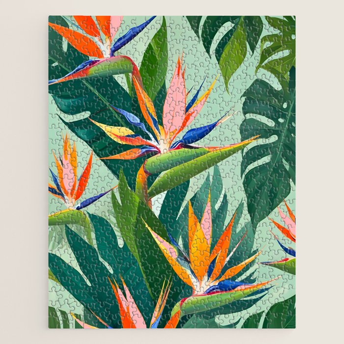 Birds in Paradise, Floral Birds of Paradise Botanical Jungle, Tropical Nature Plants Floral, Lush Green Orange Pink Exotic Forest, Garden Flowers Bohemian Painting Jigsaw Puzzle Gallery Image 1