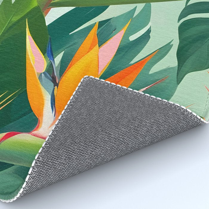 Birds in Paradise, Floral Birds of Paradise Botanical Jungle, Tropical Nature Plants Floral, Lush Green Orange Pink Exotic Forest, Garden Flowers Bohemian Painting Rug Gallery Image 4