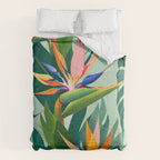 Birds in Paradise, Floral Birds of Paradise Botanical Jungle, Tropical Nature Plants Floral, Lush Green Orange Pink Exotic Forest, Garden Flowers Bohemian Painting Comforter Gallery Image 6
