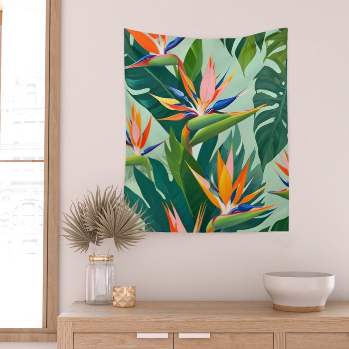 Birds in Paradise, Floral Birds of Paradise Botanical Jungle, Tropical Nature Plants Floral, Lush Green Orange Pink Exotic Forest, Garden Flowers Bohemian Painting Wall Tapestry Gallery Image 2