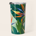 Birds in Paradise, Floral Birds of Paradise Botanical Jungle, Tropical Nature Plants Floral, Lush Green Orange Pink Exotic Forest, Garden Flowers Bohemian Painting Travel Mug Gallery Image 3