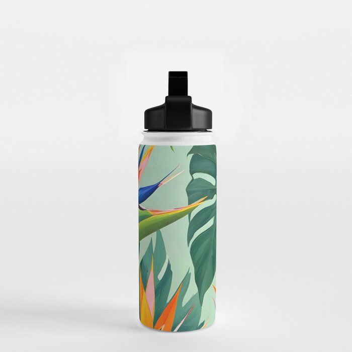 Birds in Paradise, Floral Birds of Paradise Botanical Jungle, Tropical Nature Plants Floral, Lush Green Orange Pink Exotic Forest, Garden Flowers Bohemian Painting Water Bottle Gallery Image 2