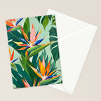 Birds in Paradise, Floral Birds of Paradise Botanical Jungle, Tropical Nature Plants Floral, Lush Green Orange Pink Exotic Forest, Garden Flowers Bohemian Painting Stationery Card Gallery Image 2