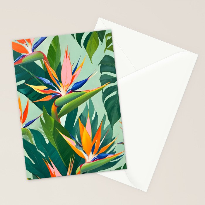 Birds in Paradise, Floral Birds of Paradise Botanical Jungle, Tropical Nature Plants Floral, Lush Green Orange Pink Exotic Forest, Garden Flowers Bohemian Painting Stationery Card Gallery Image 2