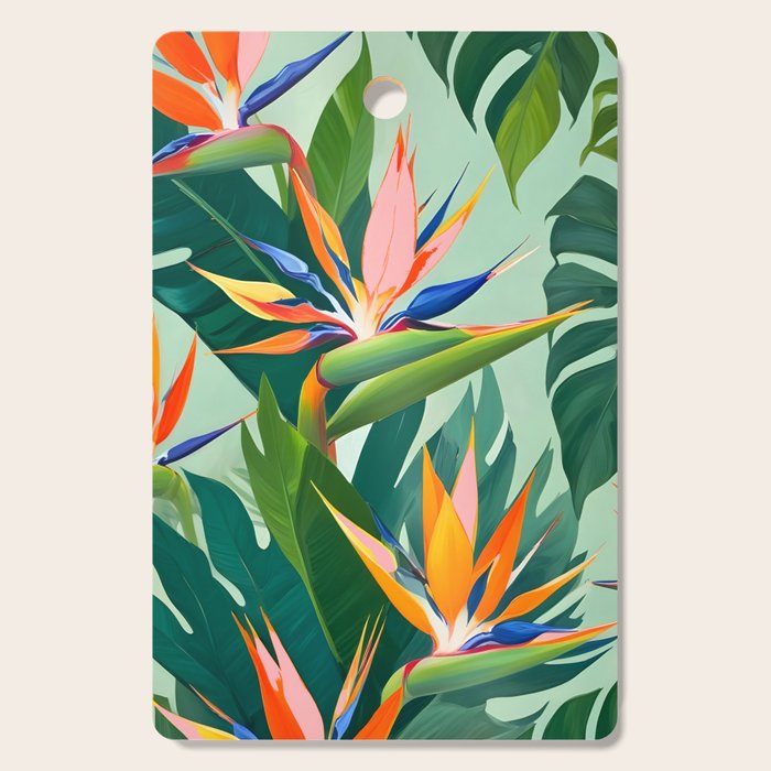 Birds in Paradise, Floral Birds of Paradise Botanical Jungle, Tropical Nature Plants Floral, Lush Green Orange Pink Exotic Forest, Garden Flowers Bohemian Painting Cutting Board Gallery Image 1