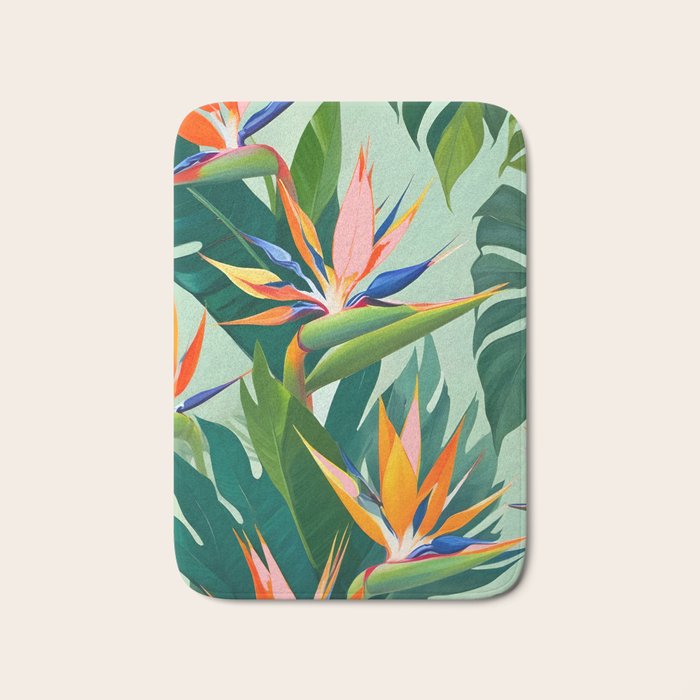 Birds in Paradise, Floral Birds of Paradise Botanical Jungle, Tropical Nature Plants Floral, Lush Green Orange Pink Exotic Forest, Garden Flowers Bohemian Painting Bath Mat Gallery Image 1