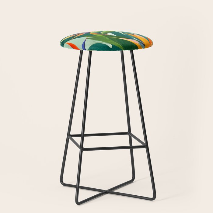 Birds in Paradise, Floral Birds of Paradise Botanical Jungle, Tropical Nature Plants Floral, Lush Green Orange Pink Exotic Forest, Garden Flowers Bohemian Painting Stool Gallery Image 1