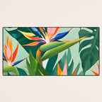 Birds in Paradise, Floral Birds of Paradise Botanical Jungle, Tropical Nature Plants Floral, Lush Green Orange Pink Exotic Forest, Garden Flowers Bohemian Painting Desk Mat Gallery Image 3
