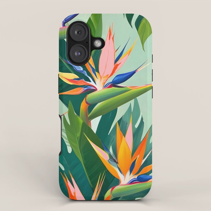 Birds in Paradise, Floral Birds of Paradise Botanical Jungle, Tropical Nature Plants Floral, Lush Green Orange Pink Exotic Forest, Garden Flowers Bohemian Painting iPhone Case Gallery Image 1
