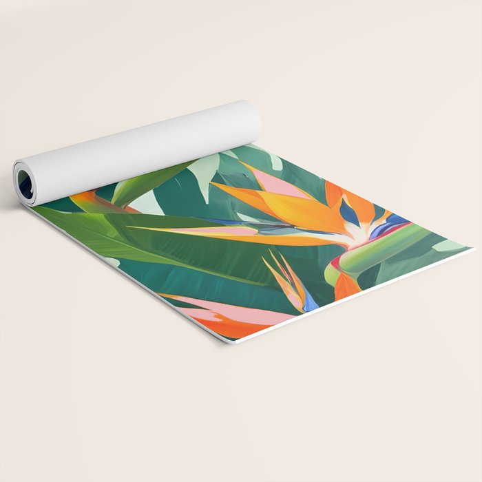 Birds in Paradise, Floral Birds of Paradise Botanical Jungle, Tropical Nature Plants Floral, Lush Green Orange Pink Exotic Forest, Garden Flowers Bohemian Painting Yoga Mat Gallery Image 2