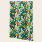 Birds in Paradise, Floral Birds of Paradise Botanical Jungle, Tropical Nature Plants Floral, Lush Green Orange Pink Exotic Forest, Garden Flowers Bohemian Painting Wallpaper Gallery Image 2