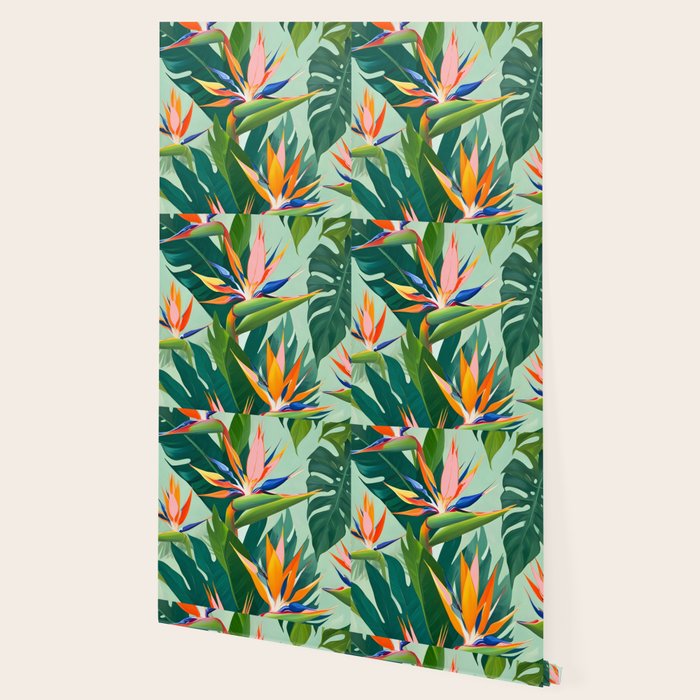 Birds in Paradise, Floral Birds of Paradise Botanical Jungle, Tropical Nature Plants Floral, Lush Green Orange Pink Exotic Forest, Garden Flowers Bohemian Painting Wallpaper Gallery Image 2