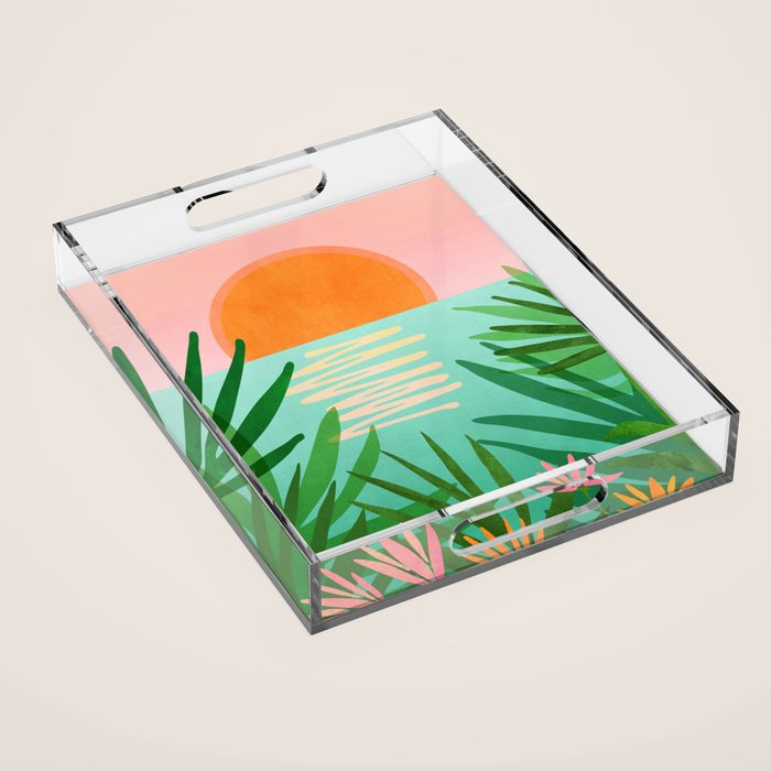 Tropical Views - Pink and Green Landscape Illustration Acrylic Tray Gallery Image 1