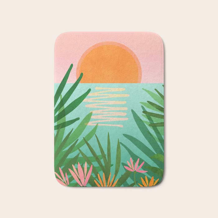 Tropical Views - Pink and Green Landscape Illustration Bath Mat Gallery Image 1