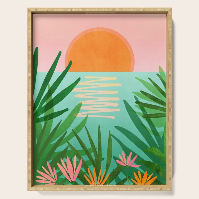 Tropical Views - Pink and Green Landscape Illustration Serving Tray Gallery Image 1