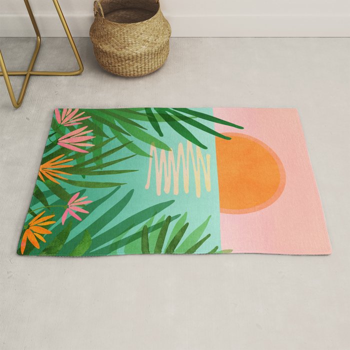Tropical Views - Pink and Green Landscape Illustration Rug Gallery Image 1