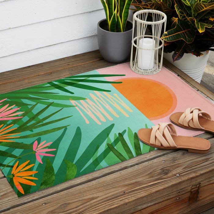 Tropical Views - Pink and Green Landscape Illustration Outdoor Rug Gallery Image 2