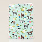 Horse and Flower Print, Mint Blue, Pink flowers, Equestrian, Spring Floral Stationery Card Gallery Image 2