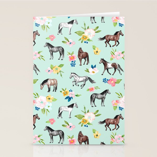 Horse and Flower Print, Mint Blue, Pink flowers, Equestrian, Spring Floral Stationery Card Gallery Image 1