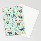 Horse and Flower Print, Mint Blue, Pink flowers, Equestrian, Spring Floral Stationery Card Gallery Image 2