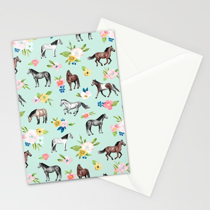 Horse and Flower Print, Mint Blue, Pink flowers, Equestrian, Spring Floral Stationery Card Gallery Image 2