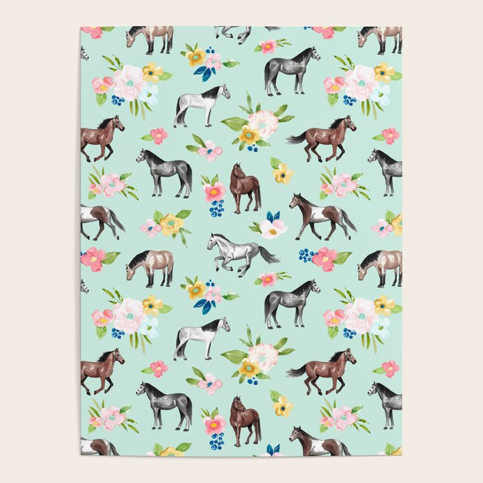 Horse and Flower Print, Mint Blue, Pink flowers, Equestrian, Spring Floral Poster Gallery Image 1