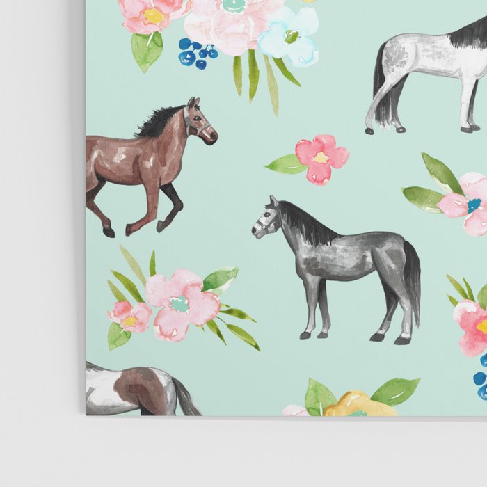 Horse and Flower Print, Mint Blue, Pink flowers, Equestrian, Spring Floral Poster Gallery Image 3