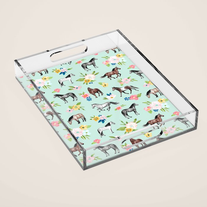 Horse and Flower Print, Mint Blue, Pink flowers, Equestrian, Spring Floral Acrylic Tray Gallery Image 1