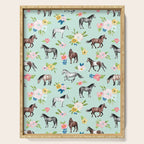 Horse and Flower Print, Mint Blue, Pink flowers, Equestrian, Spring Floral Serving Tray Gallery Image 1