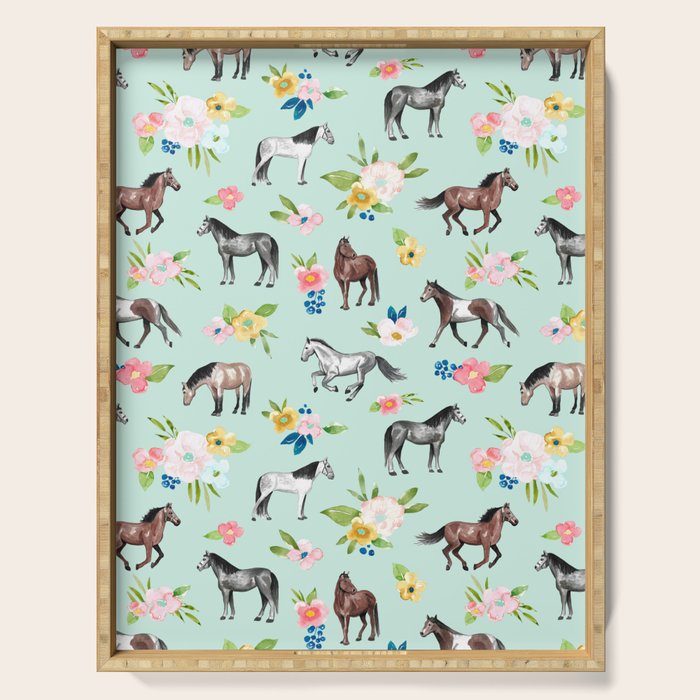 Horse and Flower Print, Mint Blue, Pink flowers, Equestrian, Spring Floral Serving Tray Gallery Image 1
