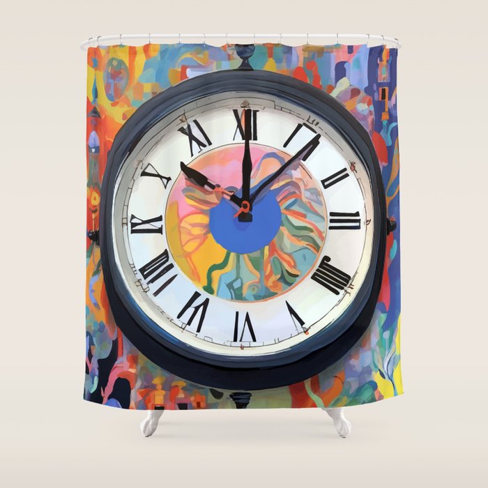 Anxiety, Mental Wellness Awareness Time, Peace of Mind Wall Clock Tower, Eclectic Roman Bohemian Colorful Painting Shower Curtain Gallery Image 1