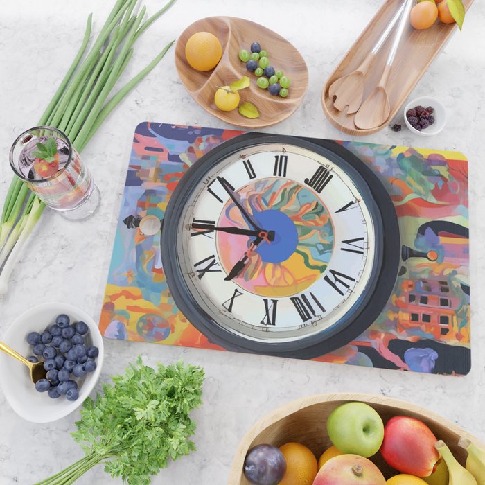 Anxiety, Mental Wellness Awareness Time, Peace of Mind Wall Clock Tower, Eclectic Roman Bohemian Colorful Painting Cutting Board Gallery Image 2