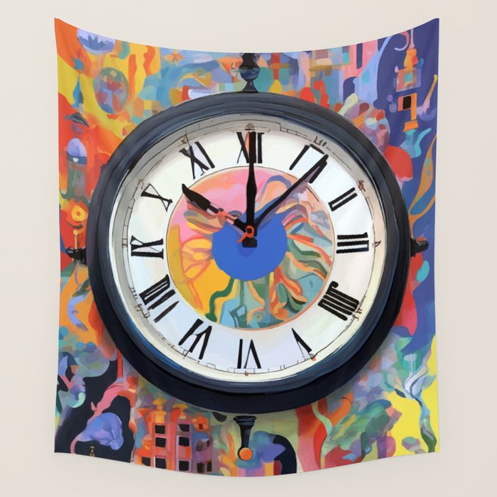 Anxiety, Mental Wellness Awareness Time, Peace of Mind Wall Clock Tower, Eclectic Roman Bohemian Colorful Painting Wall Tapestry Gallery Image 1