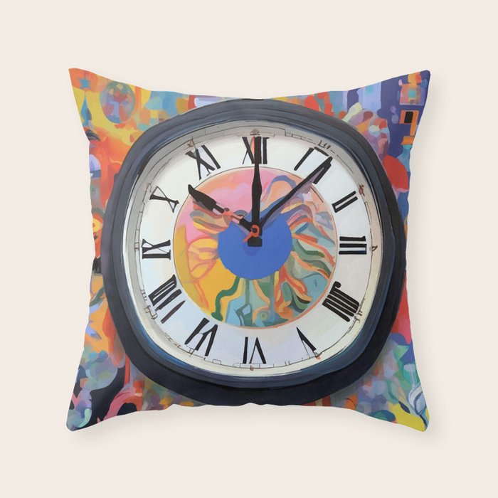 Anxiety, Mental Wellness Awareness Time, Peace of Mind Wall Clock Tower, Eclectic Roman Bohemian Colorful Painting Throw Pillow Gallery Image 6