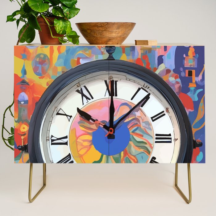 Anxiety, Mental Wellness Awareness Time, Peace of Mind Wall Clock Tower, Eclectic Roman Bohemian Colorful Painting Credenza Gallery Image 1