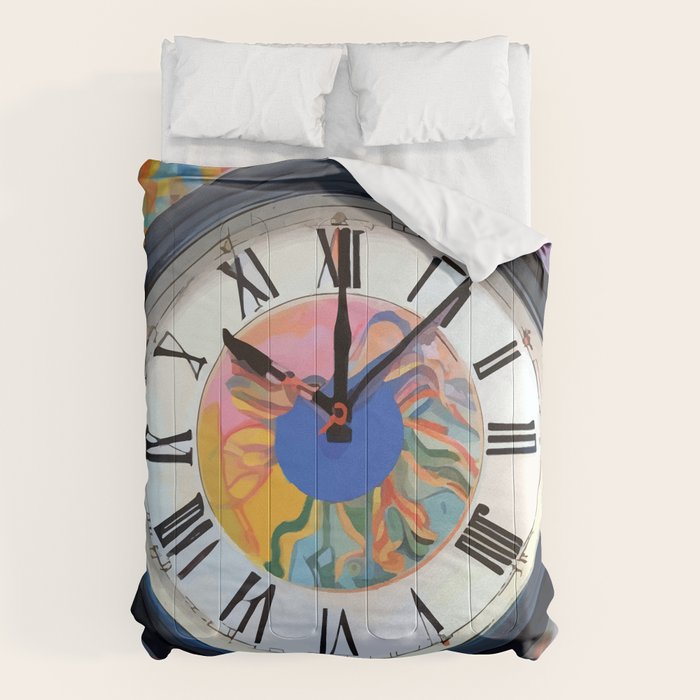Anxiety, Mental Wellness Awareness Time, Peace of Mind Wall Clock Tower, Eclectic Roman Bohemian Colorful Painting Comforter Gallery Image 1