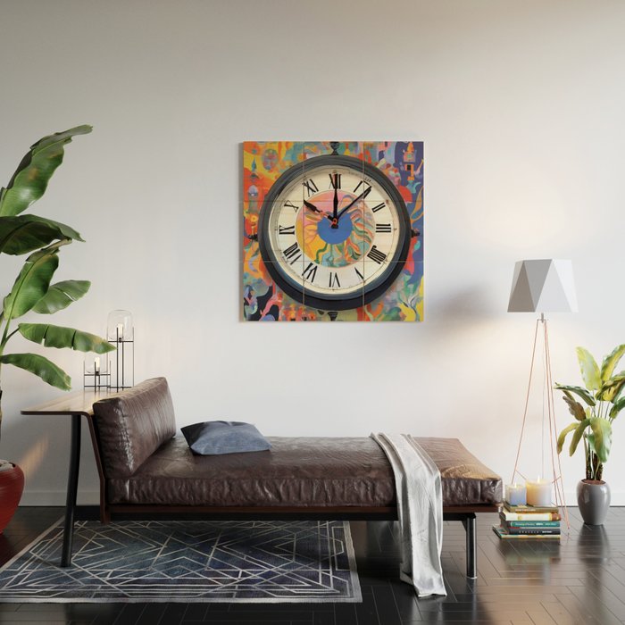 Anxiety, Mental Wellness Awareness Time, Peace of Mind Wall Clock Tower, Eclectic Roman Bohemian Colorful Painting Wood Wall Art Gallery Image 2