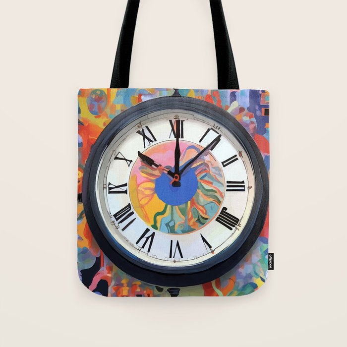 Anxiety, Mental Wellness Awareness Time, Peace of Mind Wall Clock Tower, Eclectic Roman Bohemian Colorful Painting Tote Bag Gallery Image 1
