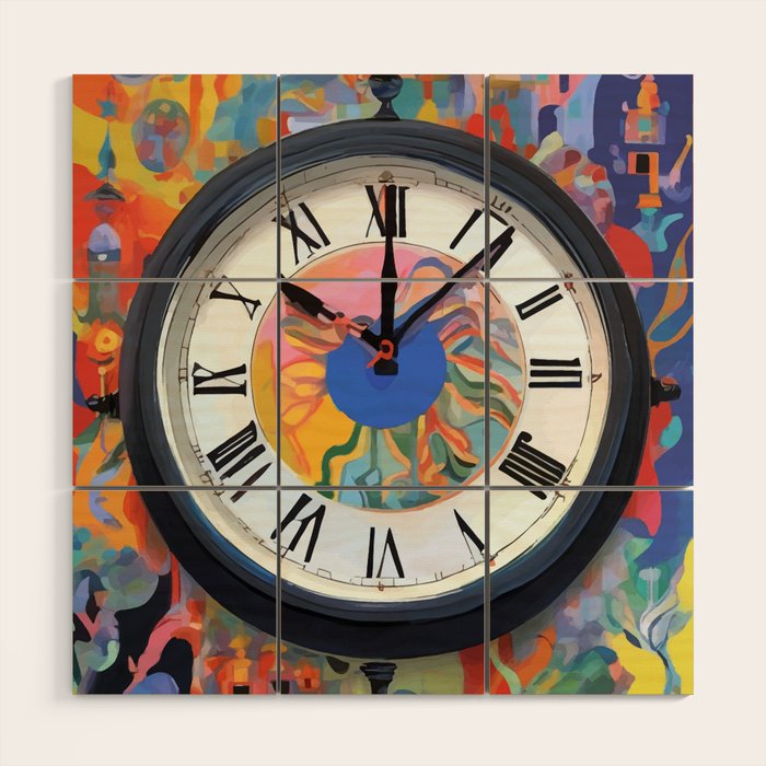 Anxiety, Mental Wellness Awareness Time, Peace of Mind Wall Clock Tower, Eclectic Roman Bohemian Colorful Painting Wood Wall Art Gallery Image 1