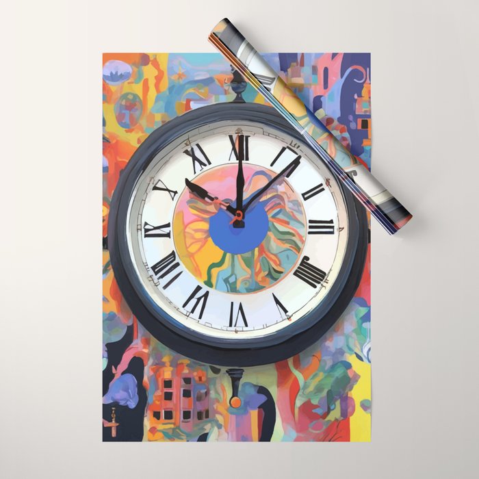 Anxiety, Mental Wellness Awareness Time, Peace of Mind Wall Clock Tower, Eclectic Roman Bohemian Colorful Painting Wrapping Paper Gallery Image 1